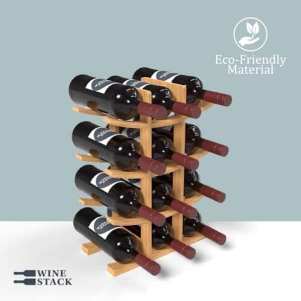 12-Bottle Light Wood 12.2 in.W Tabletop Bamboo Wine Rack Stackable Wine and Liquor Bottle Storage, No Tools Assembly