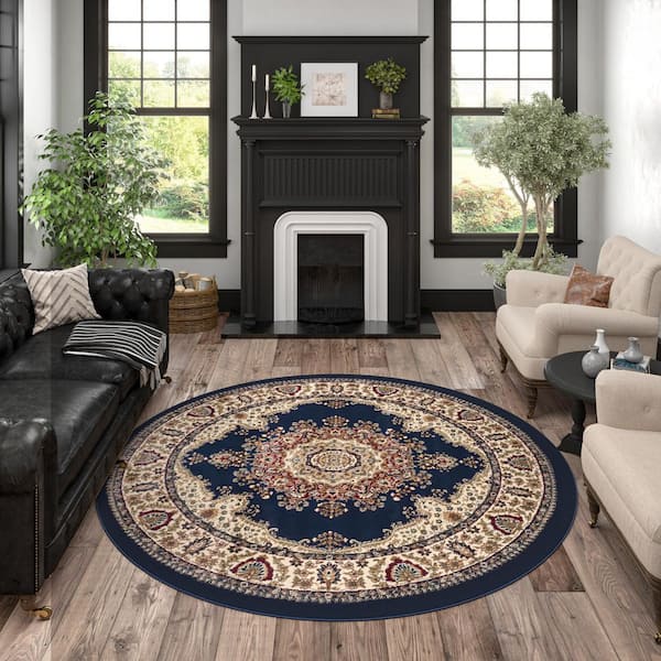 Sensation Border Navy 8 ft. Round Indoor Area Rug