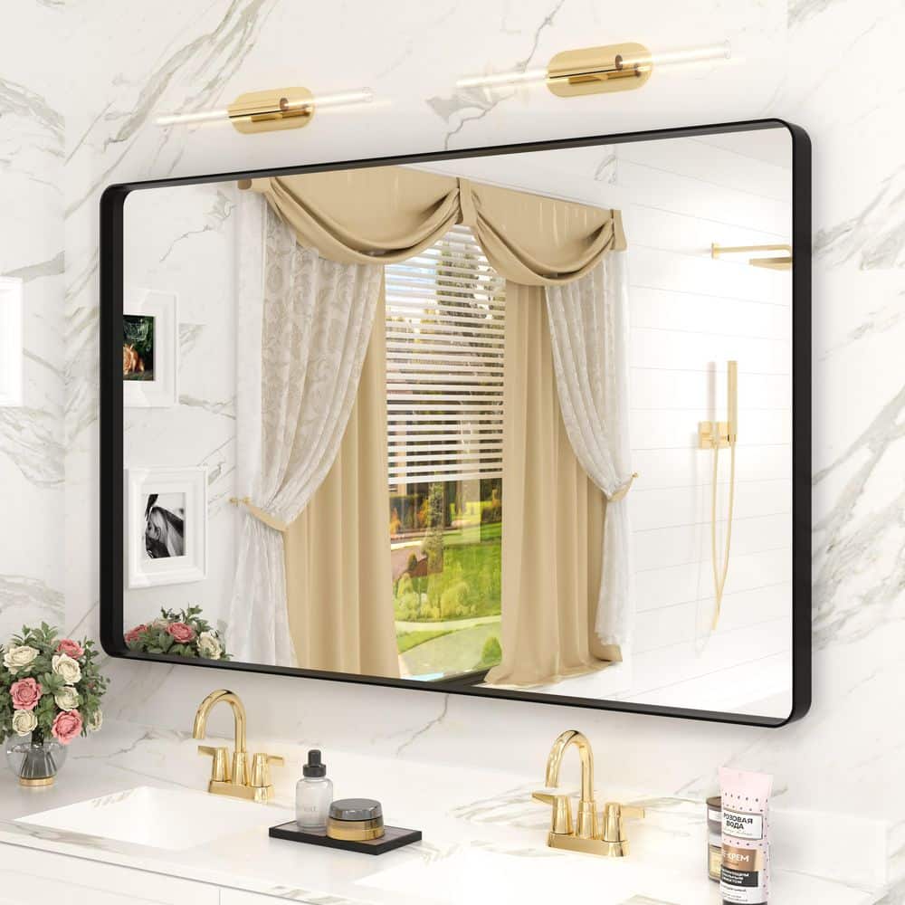 48 in. W x 30 in. H Rectangular Aluminum Alloy Framed and Tempered Glass Wall Bathroom Vanity Mirror in Matte Black price history on PriceWatchPro