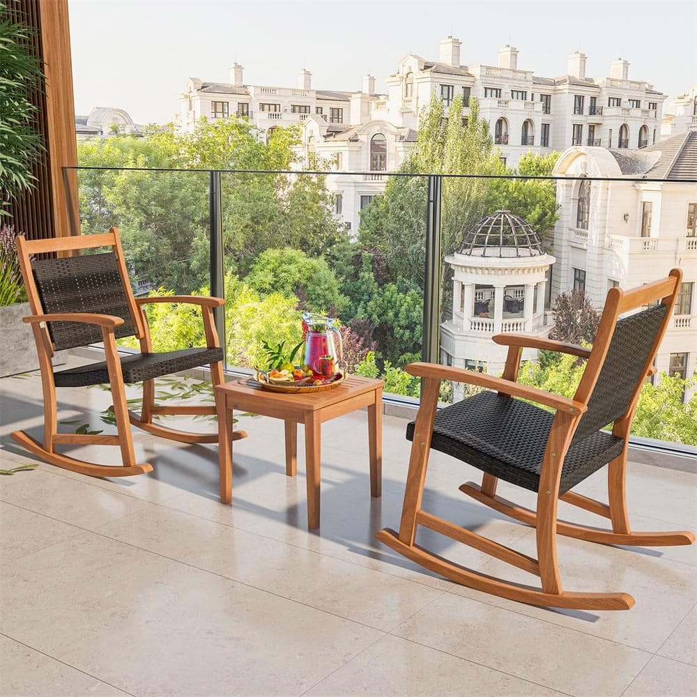 Mix Brown and Natural Acacia Wood Outdoor Rocking Chair Bistro Set