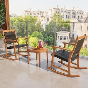 Brown Patio Rattan Rocking Chair with Bistro Set Acacia Wood Frame Armrest (3-Piece)