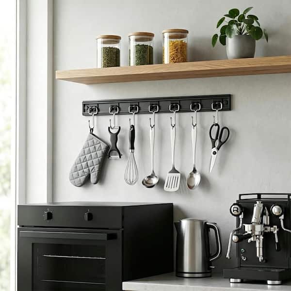 2-Pack 17 in. Utensil Racks with 8 Hooks, Multifunctional Kitchen Hanging Utensil Rack, Adjustable Easy Install, Black