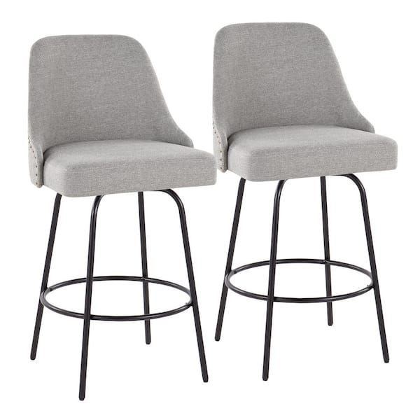 Lumisource Studded Marcel 27.25 in. Light Grey Fabric, Black Metal, and Brass Metal Fixed-Height Counter Stool (Set of 2)