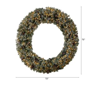 72 in. Pre-Lit LED Giant Flocked Artificial Christmas Wreath with Pinecones, 600 Clear LED Lights