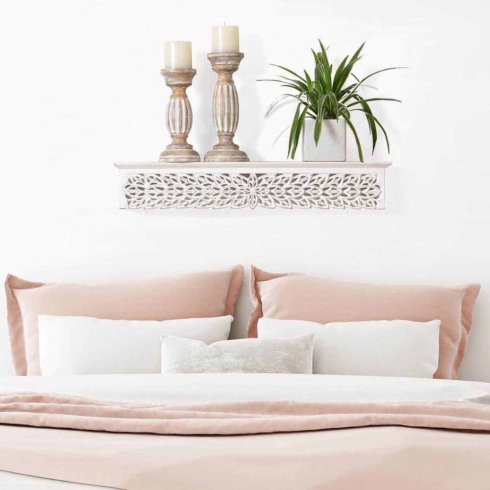 Gaudin 30" White Hand Carved Floating Shelf