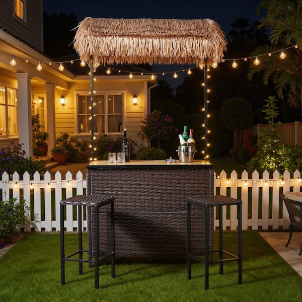 3-Piece Wicker Outdoor Bar Set with Canopy, Storage Shelf, and 2 Height Stools