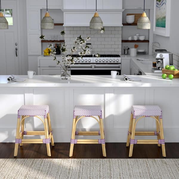 Robias 24.5 in. White and Purple Dot Backless Rectangular Rattan Counter Stool (Qty 1)