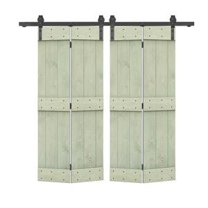 40 in. x 84 in. Mid-Bar Solid Core Sage Green Stained DIY Wood Double Bi-Fold Barn Doors with Sliding Hardware Kit