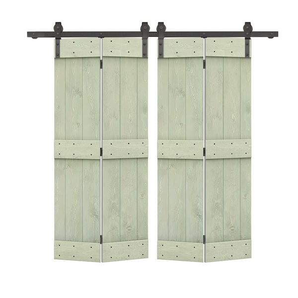 CALHOME 52 in. x 84 in. Mid-Bar Solid Core Sage Green-Stained DIY Wood Double Bi-Fold Barn Doors with Sliding Hardware Kit