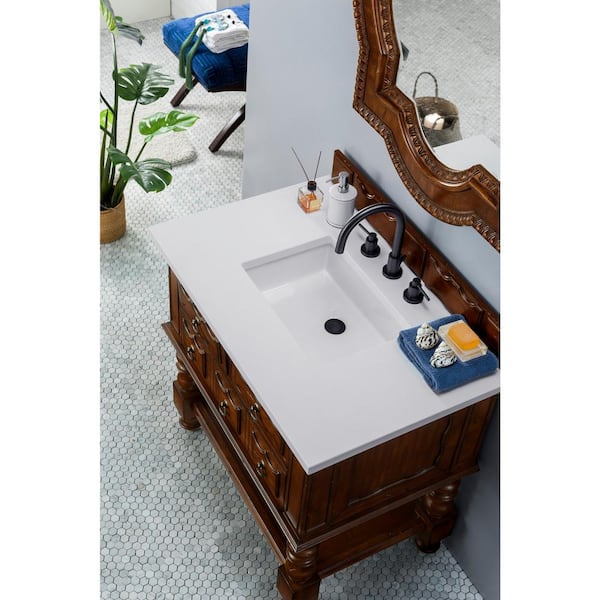 James Martin Vanities Castilian 36.0 in. W x 23.5 in. D x 33.8 in. H Bathroom Vanity in Aged Cognac with White Zeus Quartz Top