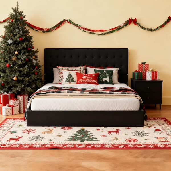 Ahokua Black Frame King Size Upholstered Platform Bed with Lift-up Storage Supported by Metal and Wooden Slats