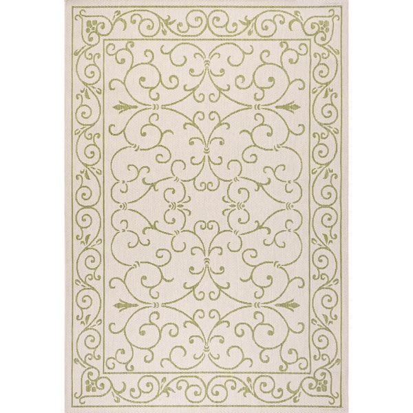 Charleston Vintage Filigree Textured Weave Cream/Green 9 ft. x 12 ft. Indoor/Outdoor Area Rug