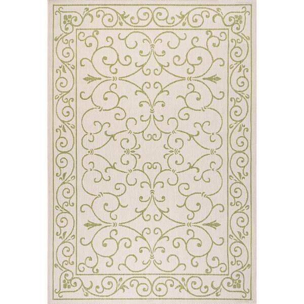 Charleston Vintage Filigree Textured Weave Cream/Green 8 ft. x 10 ft. Indoor/Outdoor Area Rug