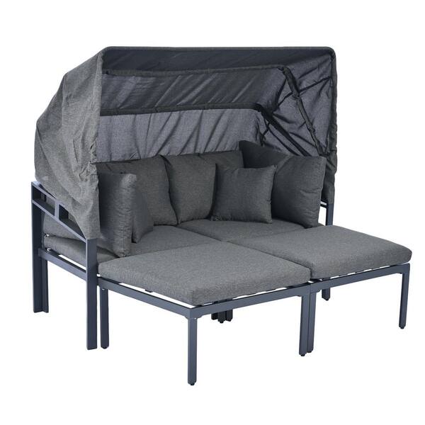 Unbranded 3-Piece Gray Metal Outdoor Day Bed with Retractable Canopy and Gray Cushions for Backyard, Porch, Poolside