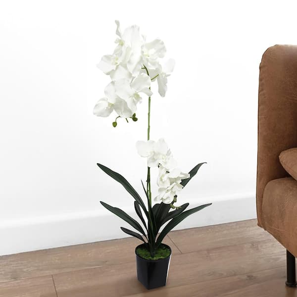 LIVING LUXURY 31 in. White Artificial Vanda Orchid Flower Arrangement in Pot