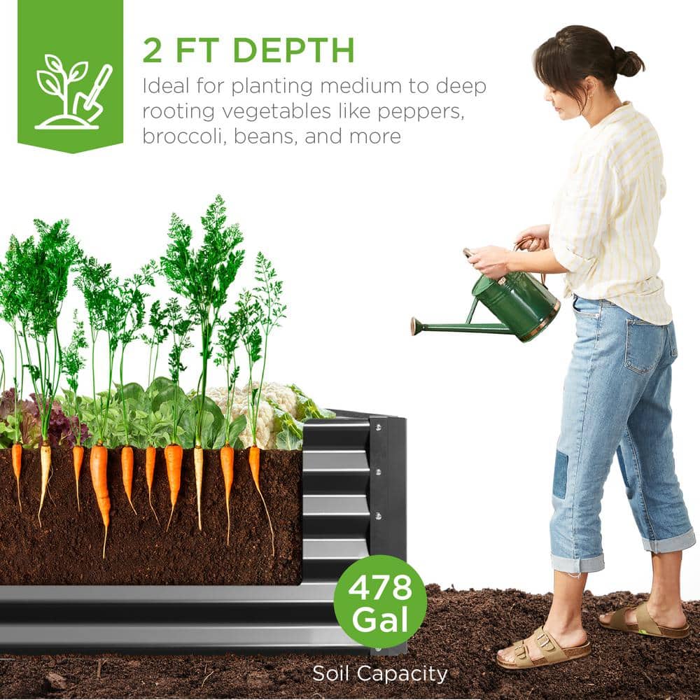 Gray 8x4x2ft Outdoor Metal Raised Garden Bed Planter Box