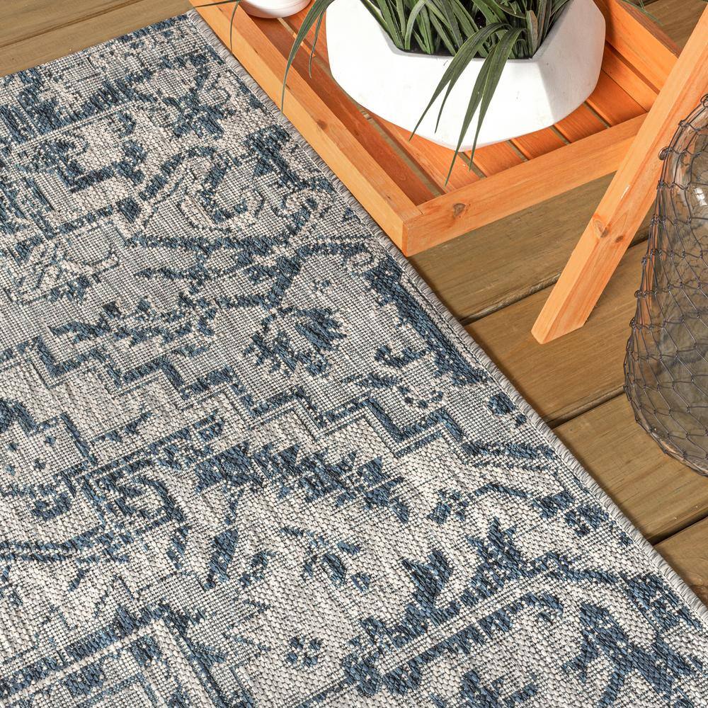 Navy and Gray Round Medallion Flat Woven Synthetic Rug