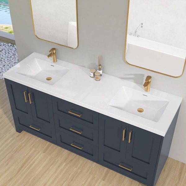 72 in. W x 22 in. D Solid Surface Resin White Rectangular Vanity Top Double Sink Bathroom Vanity Top in Glossy White