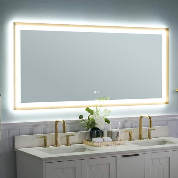 60 in. W x 28 in. H Rectangular Framed Slope Dimmable Backlit Front LED Bathroom Vanity Mirror w/ Light in Brushed Gold