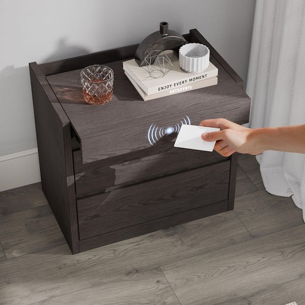 Homsee Brown 2-Drawer 25.9 in. Width Wooden Nightstand with Hidden NFC Lock Drawer, End Table with Secure Gun Storage