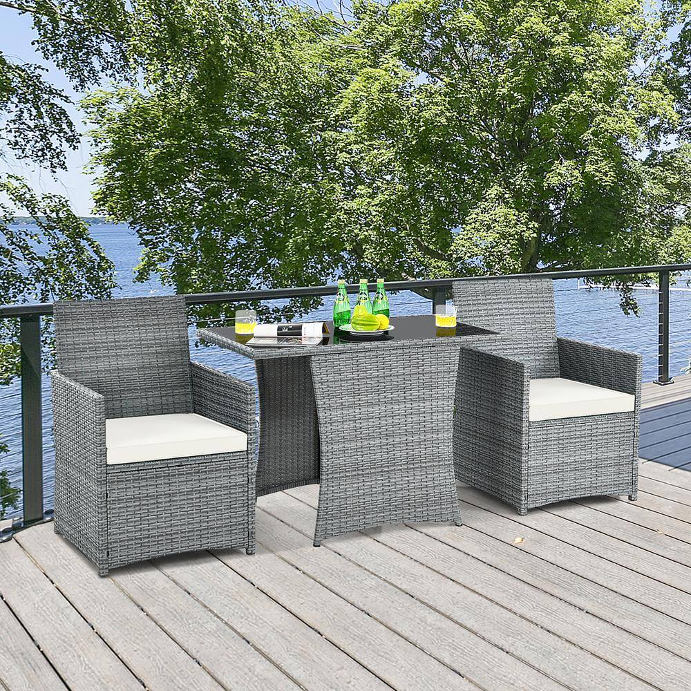 Gray Wicker 3-Piece Patio Set with White Cushions