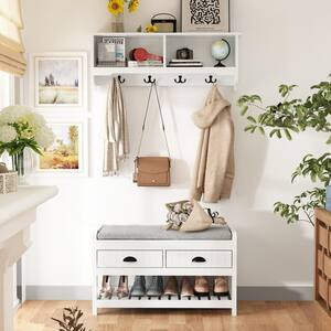 20.7 in. H x 33.5 in. W White Wooden Shoe Storage Cabinet, Shoe Storage Bench with Wall Mounted Coat Rack