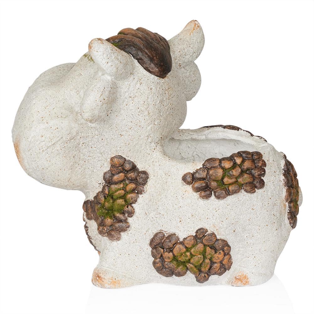 Gray Ceramic Smiling Cow Novelty Outdoor Planter with Drainage Hole