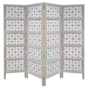 72.0 in. H White Mango Wood 4 Panel Folding Room Divider Screen with Floral Carved Design.