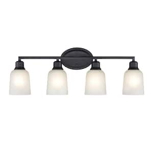 Amberle 28 in. 4-Light Matte Black Vanity Light with Frosted White Glass Shade