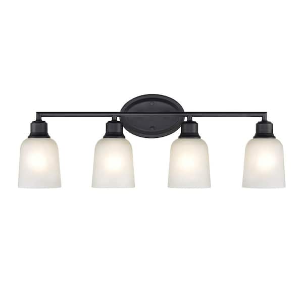 Millennium Lighting Amberle 28 in. 4-Light Matte Black Vanity Light with Frosted White Glass Shade