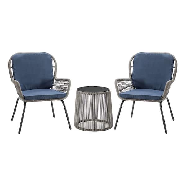 Cesicia 3-Piece Wicker Patio Conversation Chair Set With Table and Blue Cushions