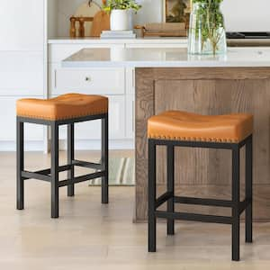 24 in. Whisky Brown Cushioned Backless Faux Leather Saddle Bar stools with Black Metal Frame (Set of 2)