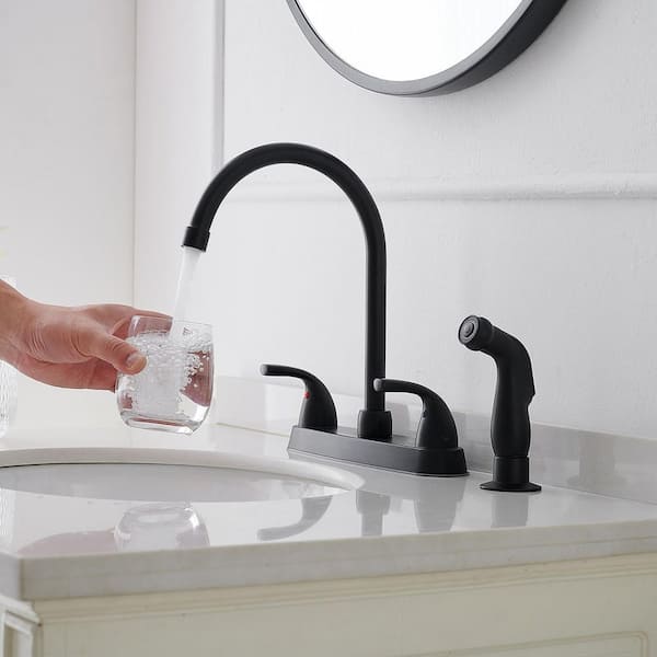 Double Handle Deck Mount Standard Kitchen Faucet 4 Hole Kitchen Sink Faucet with Sprayer in Matte Black