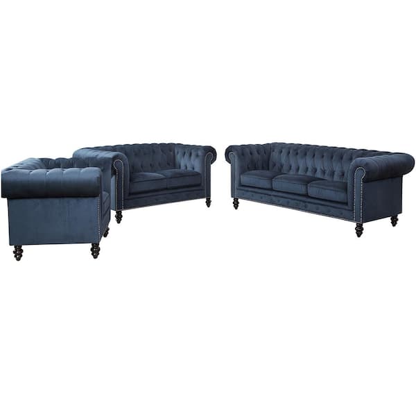 DEVON & CLAIRE Grand Chateaux 49 in. Round Arm Velvet Rectangle Sofa with Armchair in. Navy