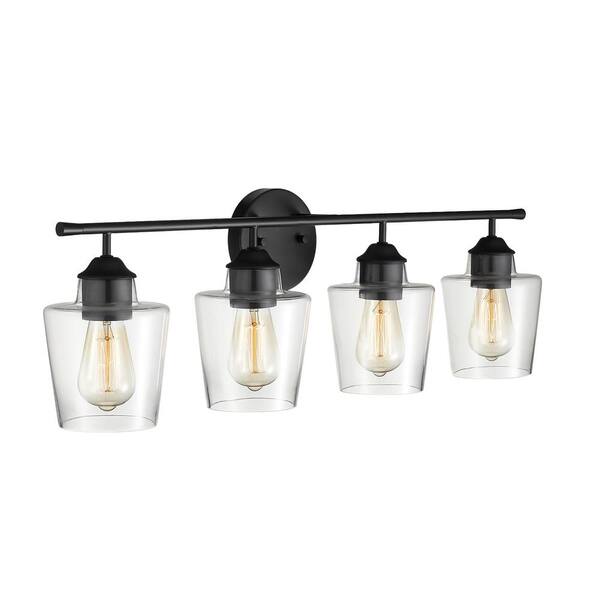 KAWOTI 30.25 in. 4-Light Matte Black Vanity Light with Clear Glass ...