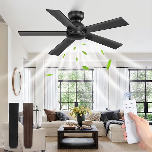 42 in. Flush Mount Indoor/Covered Outdoor Black Standard Powerful Ceiling Fan Without Light with Remote Control Included