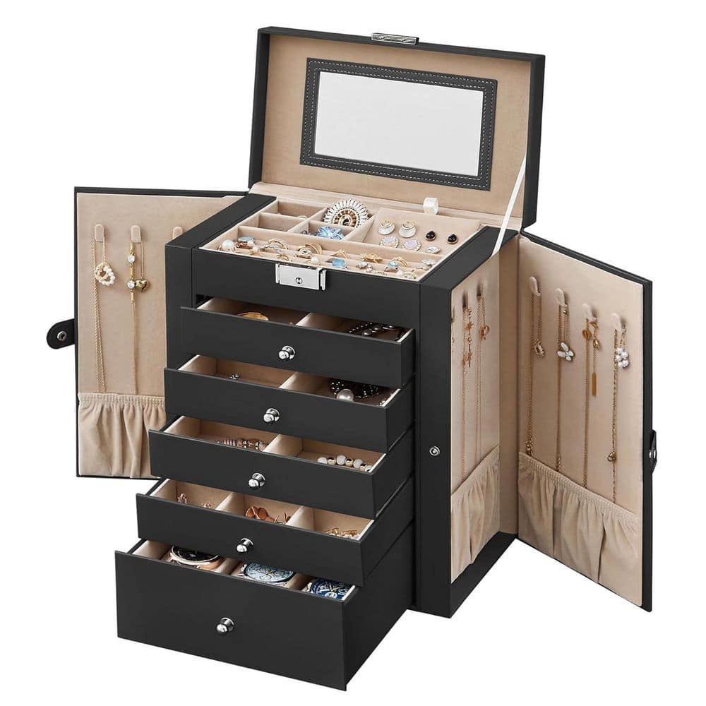 Black 10.2 in. x 12.6 in. Polyurethane Modern Jewelry Box with 5