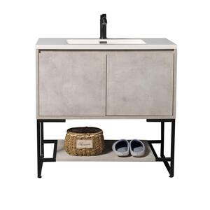 Free-Standing 36 in. W x 18 in. D x 20 in. H. Bath Vanity in Cement Grey with White Solid Surface Top with White Basin