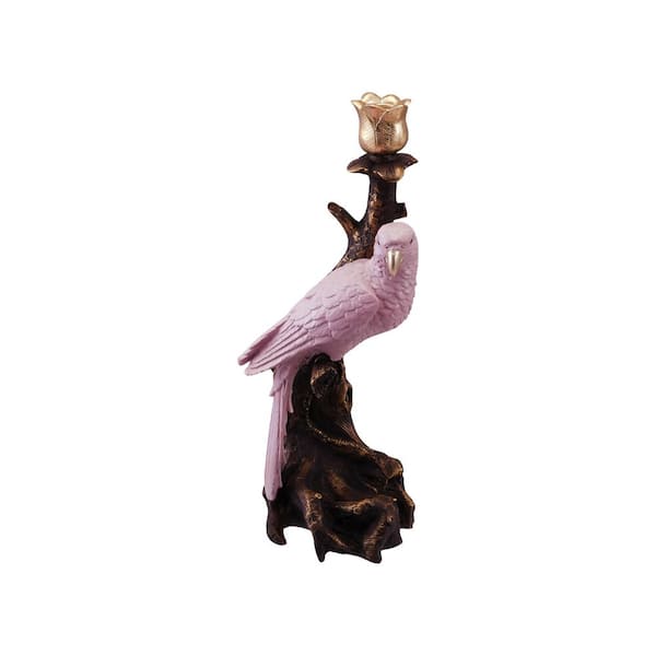 Antique Gold and Pink Resin Parrot-on-Branch Taper Candle Holder