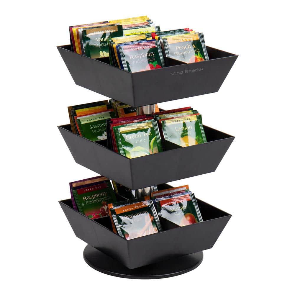 Mind Reader Anchor Collection, 3-Tier, 12-Compartment Tea and Condiment Carousel, Countertop Organizer, Breakroom - Black
