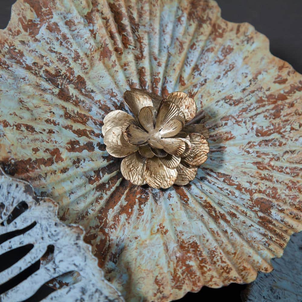 Distressed Blue and Gold Floral Iron Wall Sculpture