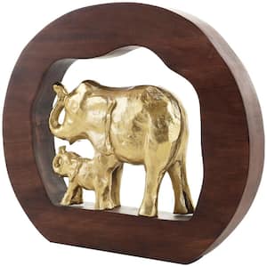 12 in. Gold Aluminum Metal Elephant Sculpture with Brown Wooden Frame