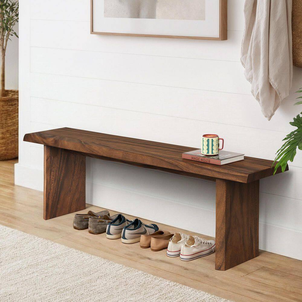 59 in. Walnut Modern Farmhouse Kitchen Dining Bench Armless Solid Wood Entryway Bench for Dining Room, Bedroom, Hallway