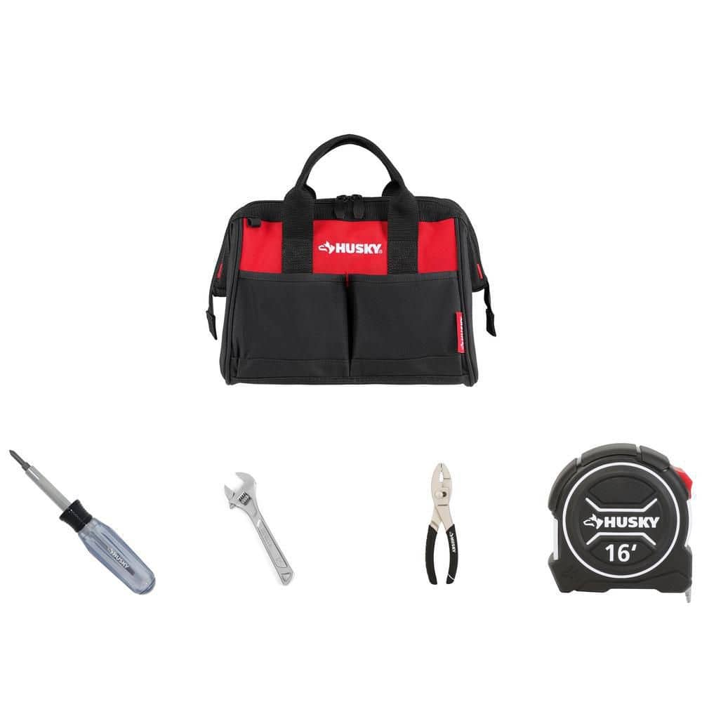 Husky 12 in. Tool Bag Starter Kit with Screwdriver, Tape Measure