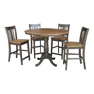 Laurel 5-Piece 36 in. Hickory/Coal Extendable Solid Wood Counter Height Dining Set with San Remo Stools