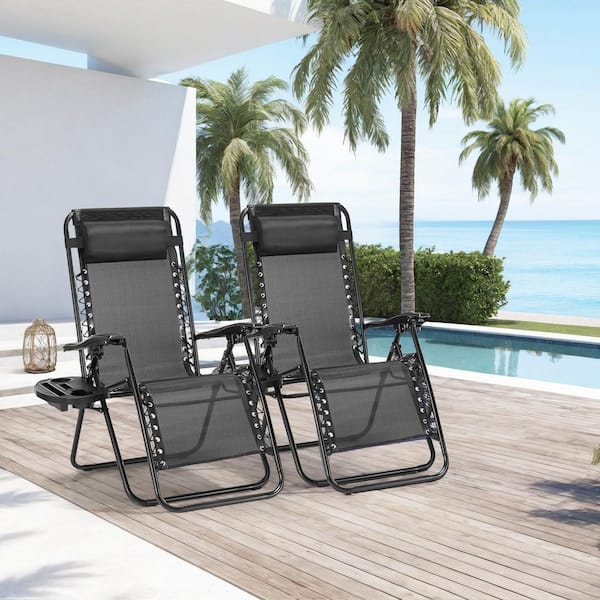 Outdoor Lounge Chair in Black Set of 2, Zero Cravity Folding Mesh Recliners with Pillow and Cup Holder for Pool Beach