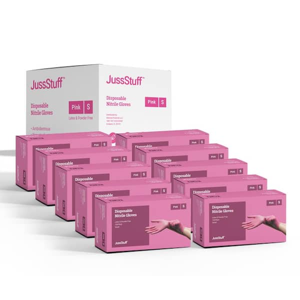JussStuff Small Nitrile Exam Latex Free and Powder Free Gloves in Pink - 10-Boxes of 100-Gloves (1000 Total)