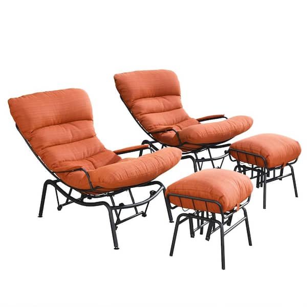 HOOOWOOO Mono Metal Patio Lounge Outdoor Rocking Chair with an Ottoman and Orange Red Cushions (2-Pack)