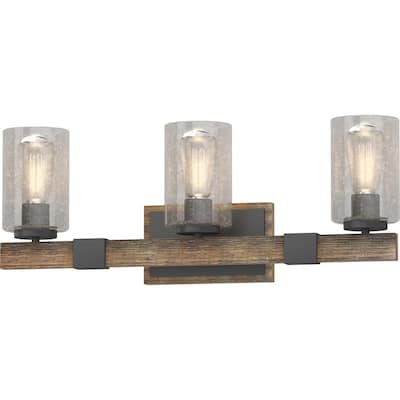 3-Light Indoor Black Walnut Bath or Vanity Light Bar or Wall Mount with Clear Seedy Bubble Glass Cylinder Shades