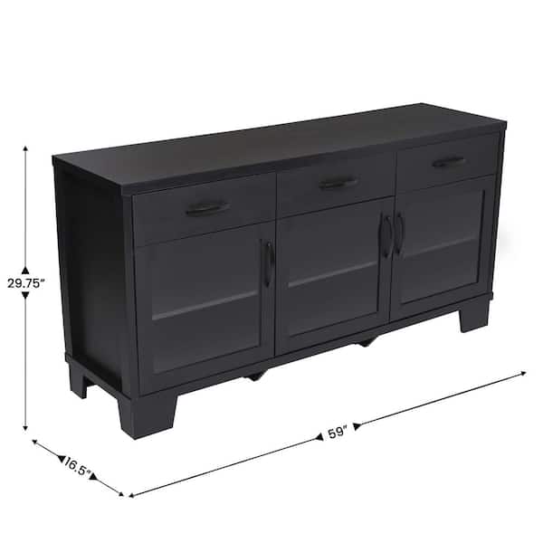 Carnegy Avenue Wells Black Wood 59 in. Modern Kitchen Sideboard Storage Cabinet with Engineered Wood, 3 Tempered Glass Doors